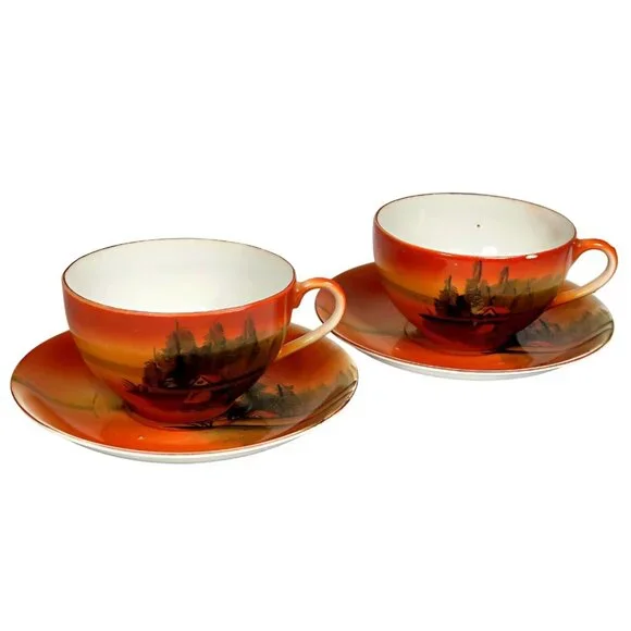 Scenic Luster Teacup & Saucer Pair 1920s-1940s Made in Japan Hand-Painted - Picture 2 of 9